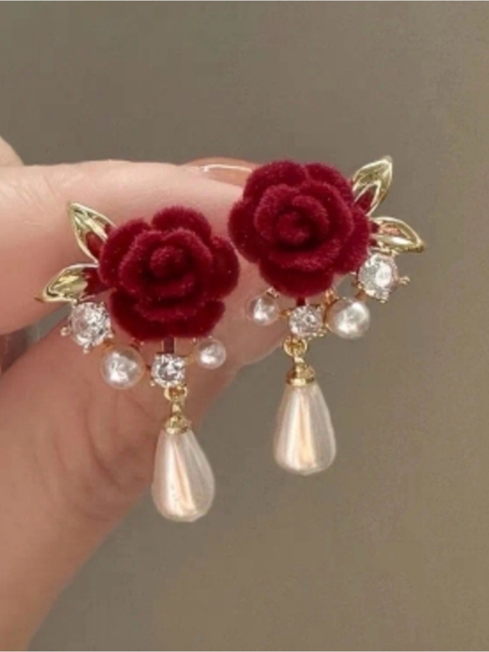 Floral Pearl Drop Earrings - Red Rose Design